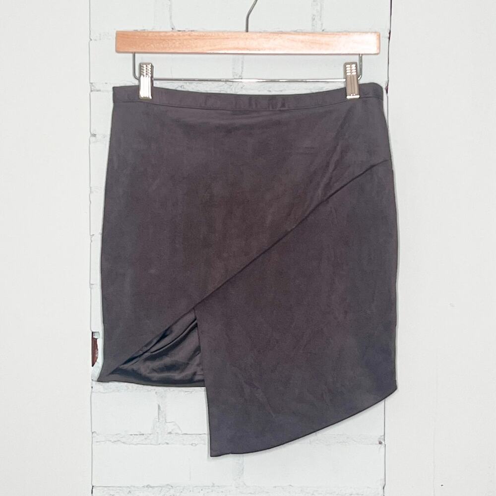 Olivaceous Asymmetrical Faux Suede Wrap Mini Skirt Medium Gray